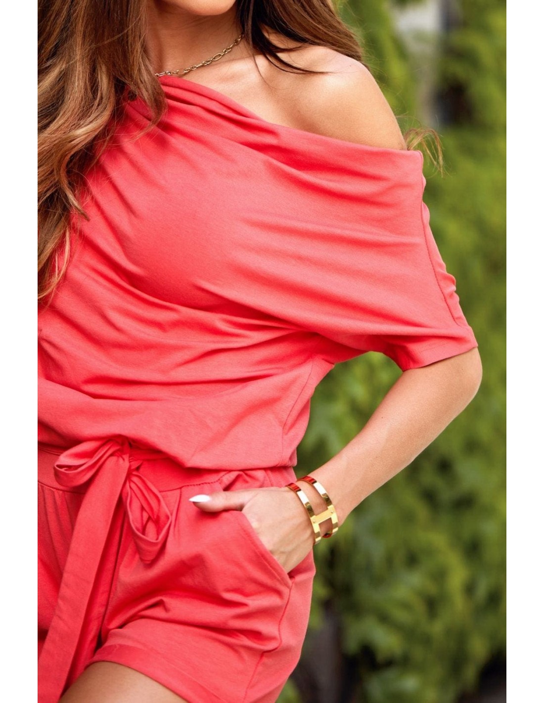 Summer jumpsuit tied at the waist Coral 3070 - Online store - Boutique